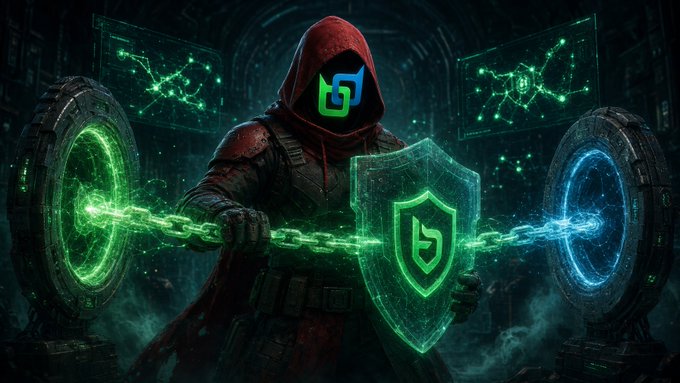A hooded figure holding a glowing shield with the "BDX" logo, positioned between two energy portals displaying network graphics, symbolizes secure cross-chain transactions. The image reinforces the post's description of a smooth, privacy-focused transfer between the native Beldex chain and BSC via the new Beldex Bridge.