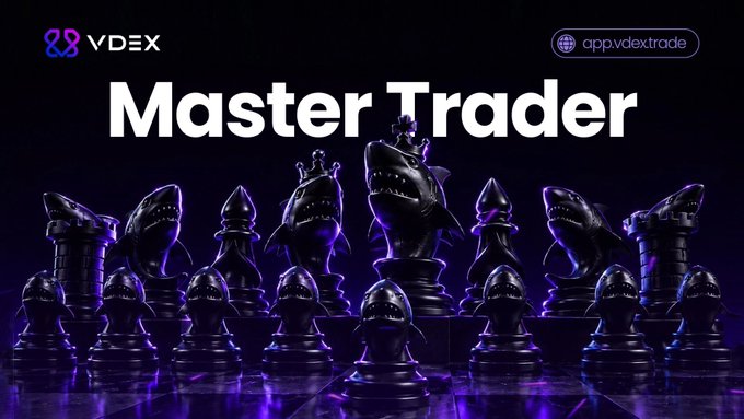 A VDEX promotional graphic titled 'Master Trader' (app.vdextrade) featuring chess pieces with shark heads illuminated in purple lighting.