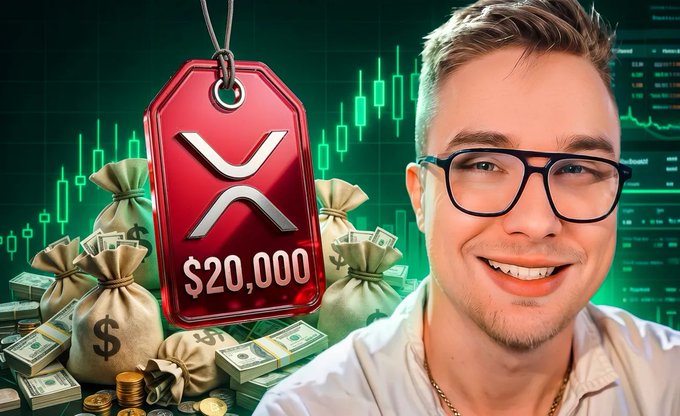 The image features a smiling man with glasses standing next to a red $XRP symbol, surrounded by piles of money. On the left side of the image, there are stacks of dollar bills, while on the right side, various coins can be seen scattered about. The main focus is on the man in front of the $XRP symbol and the piles of money around him.