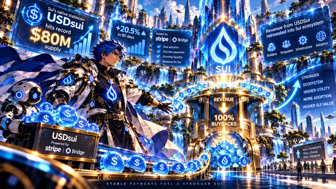A promotional illustration features a blue-haired character with a SUI logo, highlighting USDsui statistics including $80M supply, +20.5% growth in 90 days, and 100% revenue buybacks powered by Stripe and Bridge.