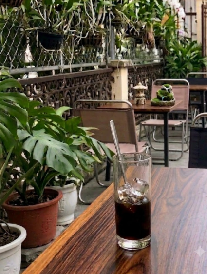 A tall glass of iced coffee with a glass straw sits on a wooden table at an outdoor cafe, surrounded by various potted plants and metal chairs.