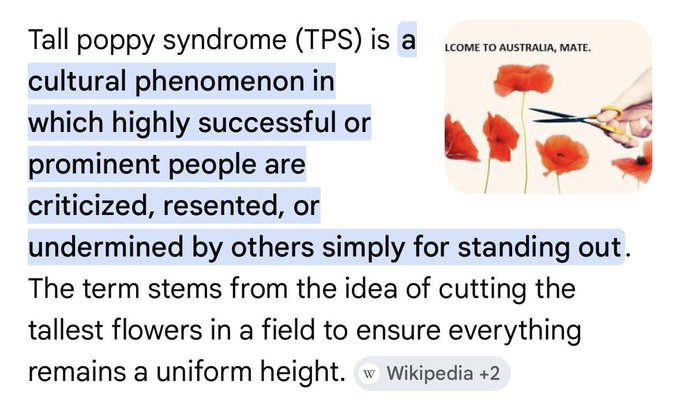 An image showing a Wikipedia definition of "Tall poppy syndrome (TPS)" — the cultural phenomenon where highly successful or prominent people are criticized for standing out — alongside a meme depicting scissors cutting tall red poppies with the caption "WELCOME TO AUSTRALIA, MATE." The image illustrates the post's theme of how market skeptics, like "tall poppies," ridicule and try to cut down successful figures such as Elon Musk and Michael Saylor, only for them to prove doubters wrong by delivering on their bold promises.