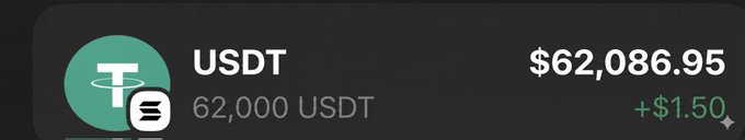 The image shows a graphic that displays the USDT value of $62,000. It also includes an amount of money as well, but without any context or additional details about where this information comes from. The post seems to be discussing cryptocurrency or digital currency, possibly with the intention to send a certain amount, perhaps $USDT, to another person who is not yet part of the receiving group.
