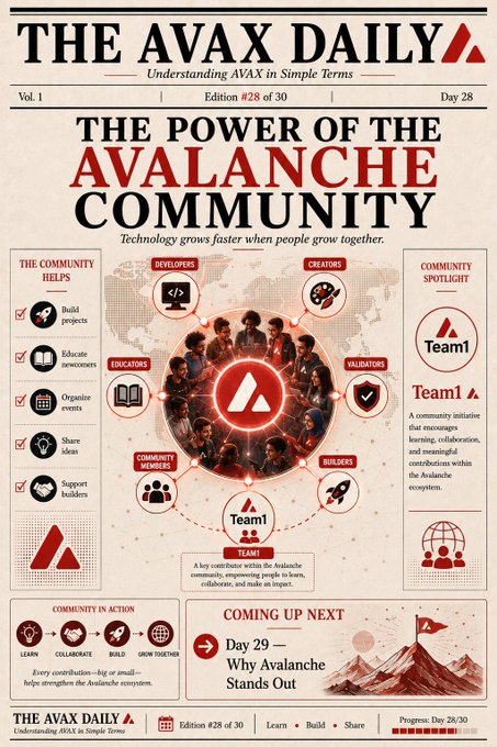 A newspaper-style graphic titled 'THE AVAX DAILY' features the headline 'THE POWER OF THE AVALANCHE COMMUNITY' with diagrams showing developers, creators, and builders, and highlights 'Team1'.