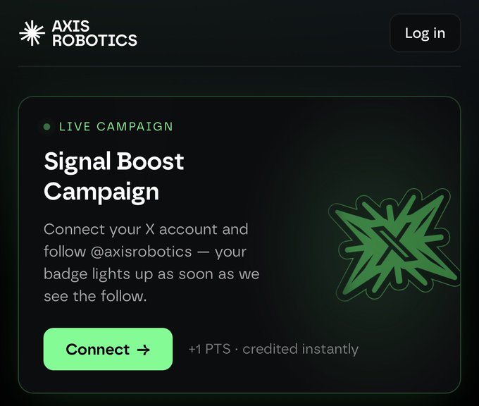 The image shows a "Signal Boost Campaign" on the Axis Robotics platform (featuring @axisrobotics), where users can connect their X account to follow the project and instantly receive +1 PTS toward their allocation, supporting the post's discussion of $AXIS's $200M FDV potential and community allocation value.