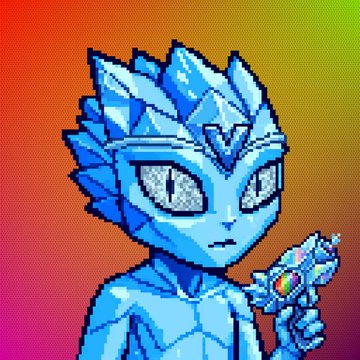 The image features a cartoon character with blue hair, wearing a crown of jewels and holding a gun. The character appears to be a robot or cyborg from another planet. The background is a gradient of colors that blend into each other, creating an artistic effect. The caption below the image reads "GM CT I knew there was a connection the moment I laid eyes on a @voids_eth @CacoRocha_eth".
