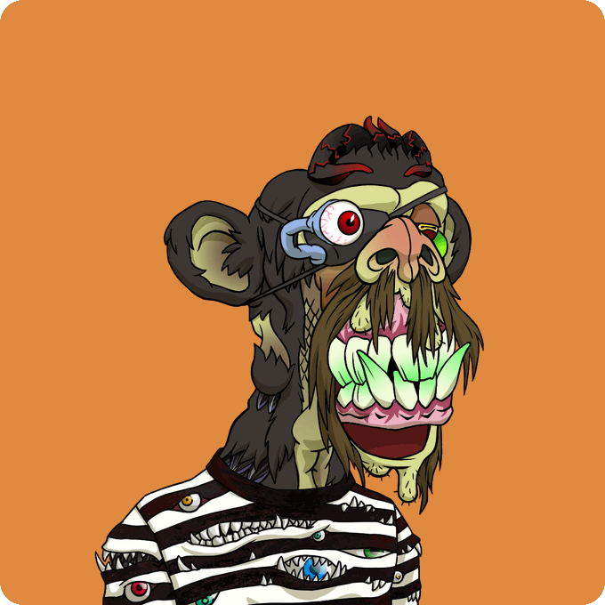 A digital illustration of a grotesque Bored Ape-style NFT character with black fur, an exposed eyeball, sharp fangs, a mustache, and a striped shirt featuring monster faces, set against an orange background.