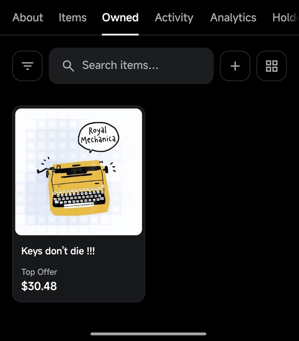 A digital trading card interface showing a cartoon yellow Royal typewriter with the caption "Keys don't die !!!" listed as a Top Offer at $30.48.