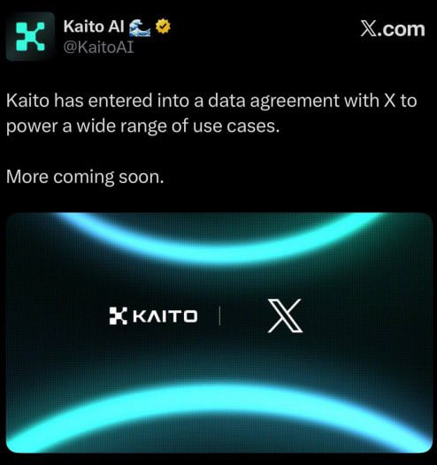 An X (Twitter) post from Kaito AI (@KaitoAI) announces that Kaito has entered into a data agreement with X to power a wide range of use cases, with a teal graphic showing the KAITO and X logos.