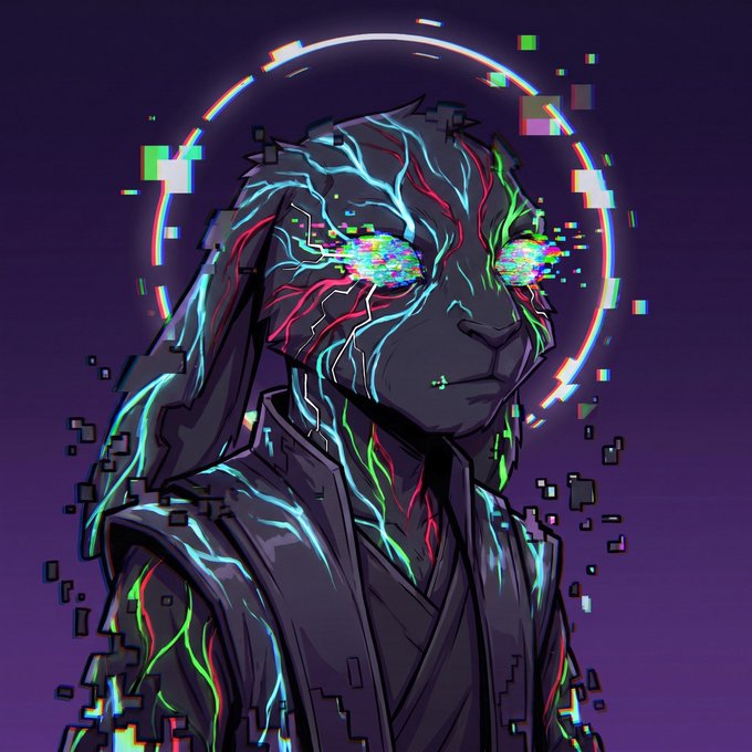A digital artwork depicts a dark figure with glowing, colorful glitching lines covering their face and body, with static-block distortion effects and a circular halo element against a dark purple background.