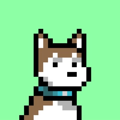 A pixel art portrait of a brown and white dog (husky-like) wearing a teal collar against a mint green background.