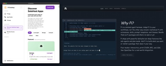 The image displays Pí's interface featuring a "Discover SoloHost Apps" page alongside a code snippet and "Why Pi?" promotional text highlighting Pí's agent harness and npm packages (@pet/JSON, RPC, SDK). The post's reference to Pi Coding Agent and pi.dev connects to Pí's positioning as an alternative development platform, though the author draws a playful comparison between Pí (pi.dev) and Pi Network's pi domain.