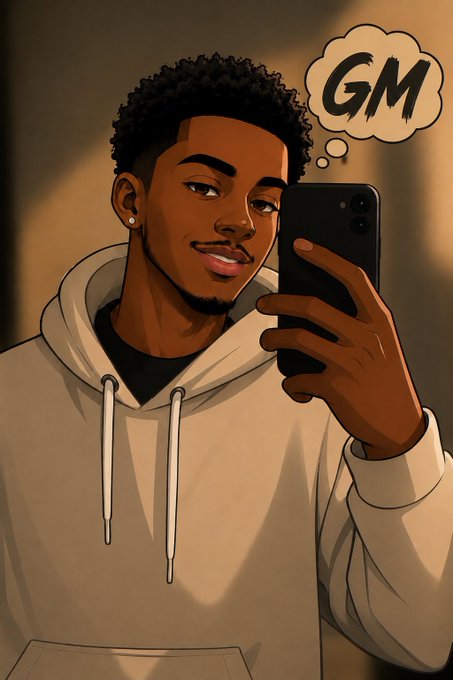 An illustrated cartoon of a young man in a beige hoodie taking a selfie with his phone, with a 'GM' thought bubble above his head.