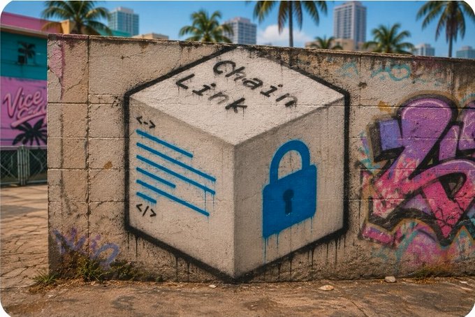 Graffiti art on a wall depicting a 3D cube labeled 'Chain Link' with a blue padlock symbol and code brackets, set against a colorful urban background with palm trees.
