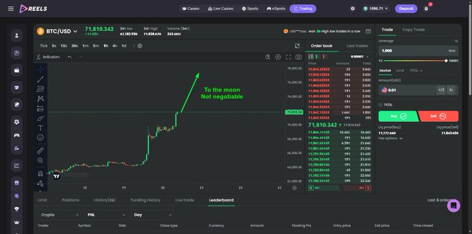 A DarkReels trading platform interface showing the BTC/USD chart with a large green arrow and text 'To the moon Not negotiable', and the price currently at 71,810.342.