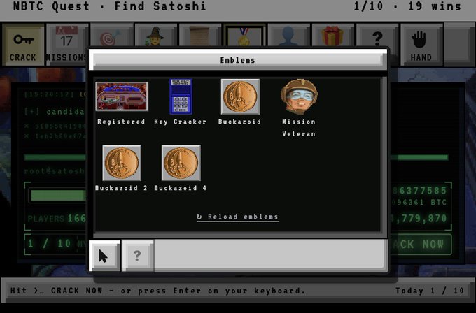 A screenshot from 'MBTC Quest - Find Satoshi' showing an 'Emblems' popup window with badges such as 'Registered', 'Key Cracker', 'Buckazoid', 'Mission Veteran', 'Buckazoid 2', and 'Buckazoid 4', over a hacking game interface with a 'CRACK NOW' button.