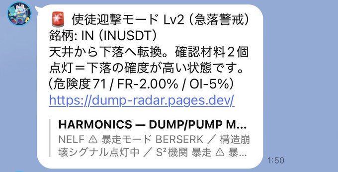 A LINE notification alert displays "使徒迎撃モード Lv2 (急落警戒)" (Apostle Interception Mode Lv2 - Sharp Drop Warning) for the ticker $IN (INUSDT), warning of a high probability of a price drop from its ceiling with a risk level of 71/FR-2.00%/OI-5%, which corresponds to the post about the AI Detection System flagging $IN with a maximum drop rate of 65.9%.