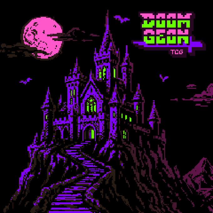 A retro pixel art style image showing a purple haunted castle on a cliff under a pink moon with bats, featuring the text "VIETNAM GROOM GEAR TCG" in the upper right.