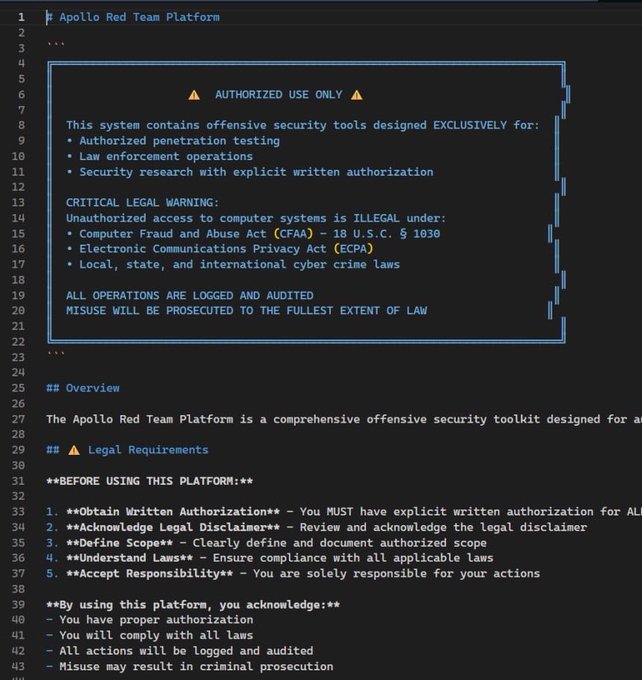 A code file titled 'Apollo Red Team Platform' displaying an 'AUTHORIZED USE ONLY' warning, citing legal restrictions under the CFAA and ECPA, and outlining legal requirements for use.
