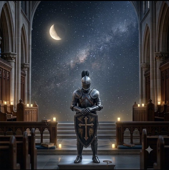 A knight in armor holding a shield with a cross stands in a cathedral at night, with candles lit and a starry sky with moon and Milky Way visible through the arches.