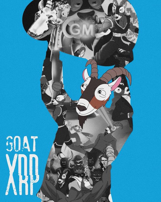 An artistic collage-style poster on a blue background featuring a goat silhouette filled with black-and-white imagery, with the cartoon goat from 'The Emperor's New Groove' overlaid and the text 'GOAT XRP' in the bottom left.