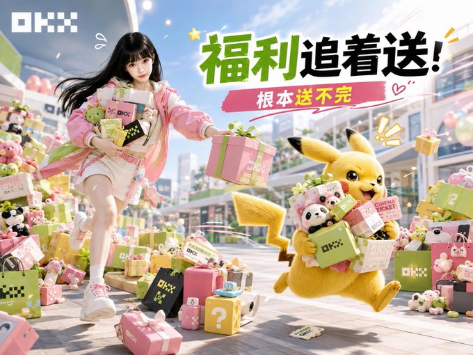 An anime-style promotional graphic featuring a girl and Pikachu carrying gift boxes, with Chinese text reading 'OKX', '福利追着送!' and '根本送不完'.