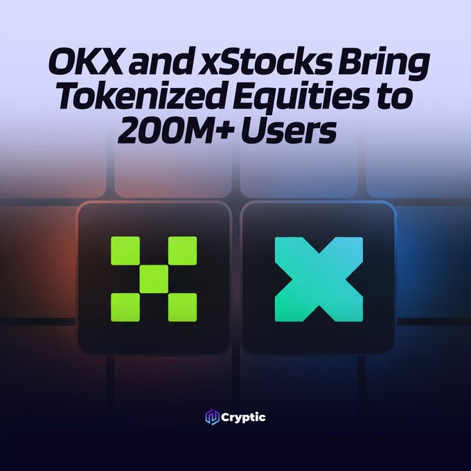 The image features a purple background with two squares of different colors - one square has green checkerboard patterns and the other has blue checkerboard patterns, both displaying the xStocks logo. The text "okx and XStocks bring tokenized equities to 200m+ users" is written above each square in white letters. Below this information, there are two lines of text that read "Focus on what is in the image and how it relates to the post."