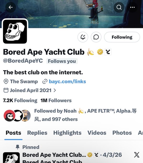 The image shows a social media post from the Bored Ape Yacht Club, which has been reposted multiple times with different captions. The post features a picture of a person holding a banana while sitting at an oceanfront resort. There are also several other posts in the image that include pictures and text about the club's activities or events.