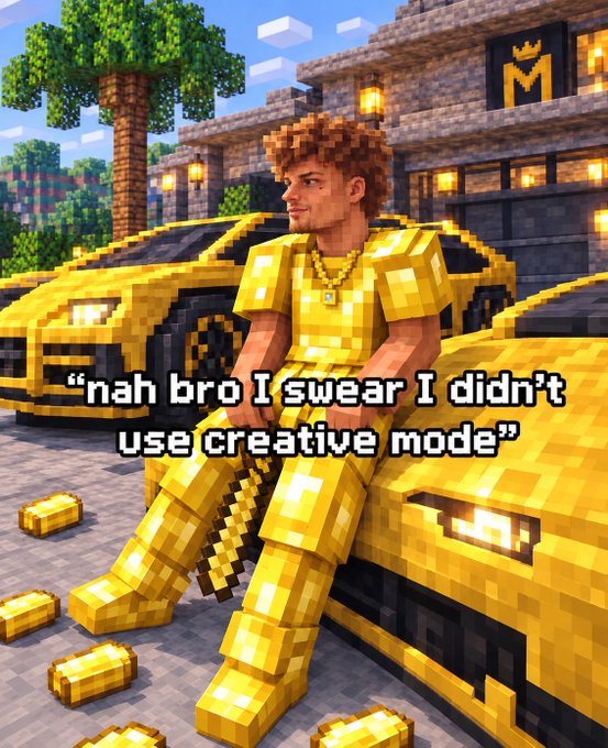 A Minecraft meme featuring a player character in full golden armor leaning against a gold car, with the caption 'nah bro I swear I didn't use creative mode'.