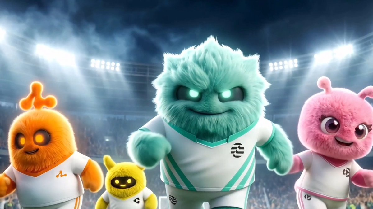 Four fuzzy, colorful mascot-like creatures in athletic jerseys stand on a stadium field under bright floodlights, with the post's "machine speed" theme reflected in their futuristic, AI-generated appearance. The central teal character dominates the frame, flanked by orange, yellow, and pink teammates in matching white kits featuring a stylized emblem.