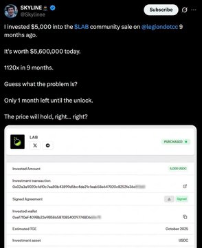 A tweet from Skyline (@SkyLinee) showing an investment of $5,000 into the $LAB community sale on Legenddotcg, now worth $5,600,000 with only 1 month left until token unlock.