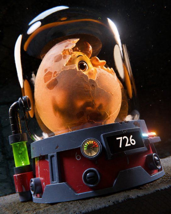 A 3D-rendered, cartoonish baby dinosaur hatches from a glowing orange egg inside a high-tech incubation pod with a digital display reading '726'.