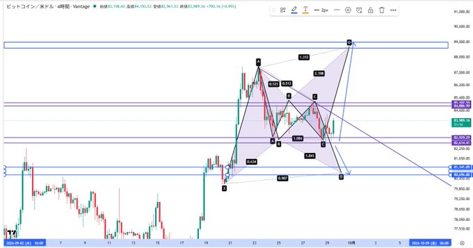 A technical chart showing Bitcoin/US Dollar (BTC/USD) on a 4-hour timeframe, displaying a harmonic pattern (labeled with points A, B, C, D) with the current price at $82,960.52, up 4.30%, near key Fibonacci resistance levels at $87,500, $84,527, and $82,765 as the trader anticipates a move toward $89,000.