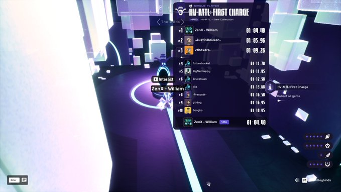 A screenshot from a video game showing a leaderboard titled 'HV-ME1: First Charge' with player names like 'ZenX - William' and various race times in a futuristic purple environment.
