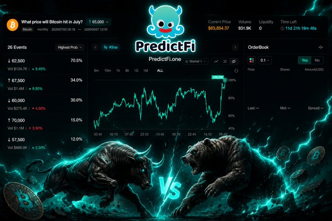A promotional graphic for 'PredictFi' featuring a prediction market interface for 'What price will Bitcoin hit in July?' with a current price of $63,854.37, alongside a bull vs bear fight illustration.