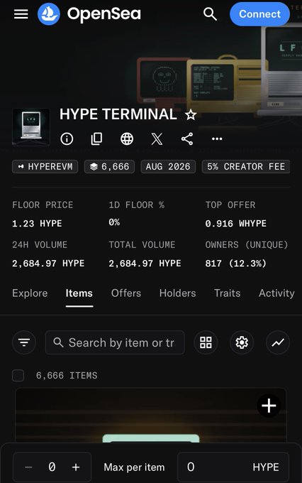 An OpenSea NFT collection page for "HYPE TERMINAL" on HyperEVM, with 6,666 items, a floor price of 1.23 HYPE, and 24H volume of 2,684.97 HYPE.