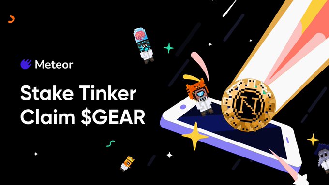 The image is a promotional graphic for Meteor, featuring pixel-art characters, a rocket, and a smartphone displaying a "T" coin against a starry space background. The text "Stake Tinker, Claim $GEAR" alongside the Meteor logo visually reinforces the post's announcement about new app features for managing Tinker NFTs and claiming $GEAR rewards.