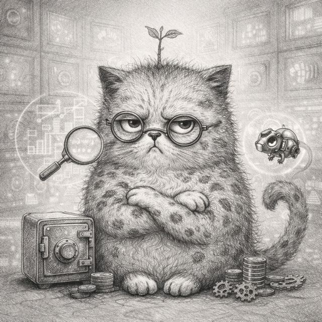 A grumpy, bespectacled spotted cat sits with crossed paws among coins, gears, and a vault, accompanied by a magnifying glass and a thought bubble containing a small robot—evoking the idea of an Ethos community member's identity being analyzed, valued, and preserved as a unique NFT profile picture reflecting their reputation within the ecosystem.