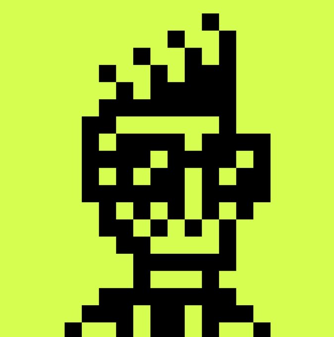 A pixel art portrait of a face rendered in black squares against a bright lime green background.