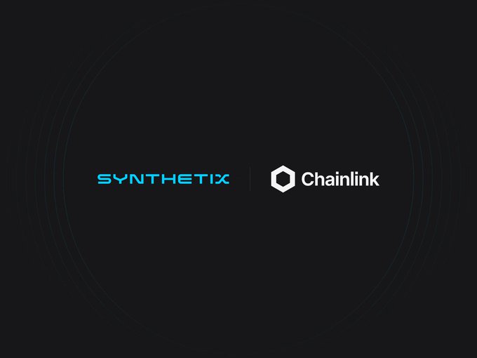 The image features a logo that combines both Synthetix and Chainlink. The logo consists of two circles with blue and white colors, each containing a hexagon at its center. The text "Synthetix @Chainlink" is written in black below the logo. The background of the image is black, which contrasts with the blue and white elements on the logo. The text "chainlink" is also present in the image.