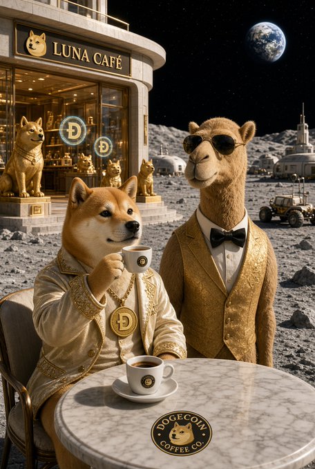A digital artwork shows a Shiba Inu and a camel in suits at a table outside a 'LUNA CAFÉ' on the moon, featuring 'Dogecoin Coffee Co.' logos.