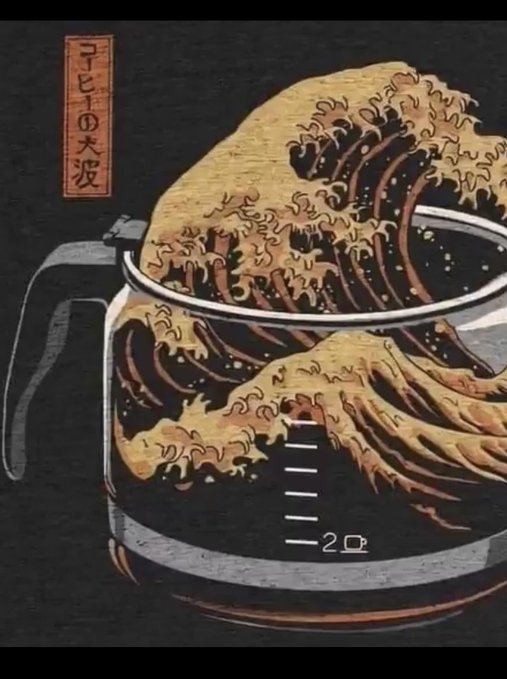 A stylized Japanese-inspired illustration of a massive wave inside a measuring cup, with Japanese text reading 'コーヒーの大波' (Coffee's Great Wave) on the side.