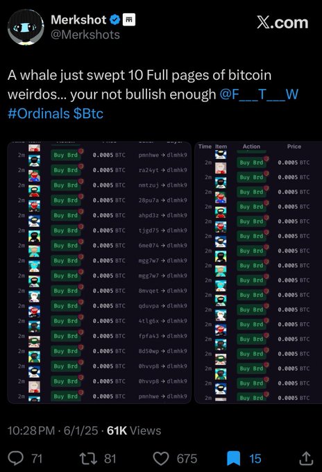A tweet from Merkshots (@Merkshots) stating 'A whale just swept 10 Full pages of bitcoin weirdos... your not bullish enough @F__T__W #Ordinals $Btc', showing screenshots of NFT purchase lists.