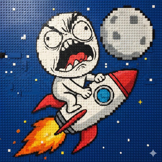 The image features a cartoon character, possibly a boy or a girl, riding a rocket ship through space with flames coming out of its nose. The background of the image is blue, which complements the rocket ship's color scheme. The caption on the image reads "$RAGEGUY". This suggests that the artist who created this piece might have been inspired by the popular video game series "Minecraft", where players can build and explore various worlds using blocks.