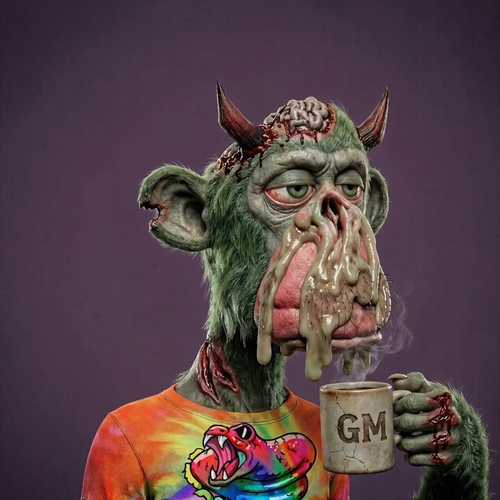 The image features a cartoon character with green skin and horns holding a coffee cup while wearing an orange shirt that has "G" written on it. The character also has a name tag that reads "@BoredApeYC Mutant Holder". The background of the image is purple, which complements the overall color scheme of the character's outfit.