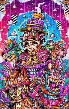 A vibrant, colorful illustration of several cartoon characters in an abstract, psychedelic style with bright pinks, oranges, and greens.