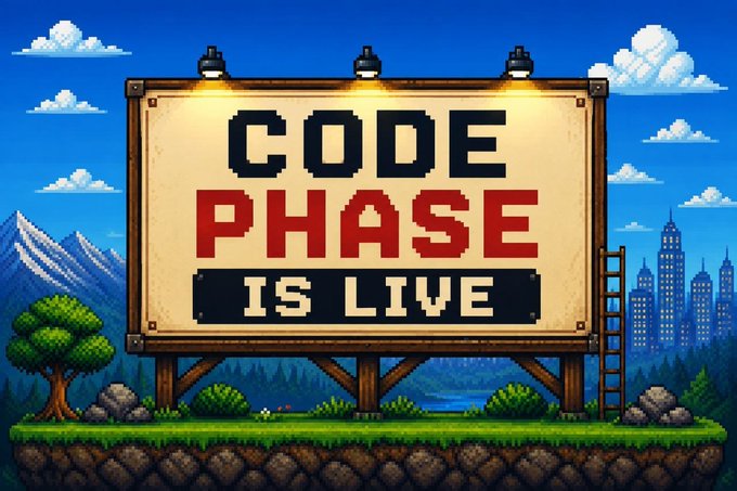 The image is a pixel-art billboard in a scenic landscape that reads "CODE PHASE IS LIVE," promoting the launch of the Brokerz NFT mint phase tied to the $BRKZ token. The accompanying post announces the mint is now active, directing viewers to brokerz.homes to mint using $BRKZ with only gas fees.