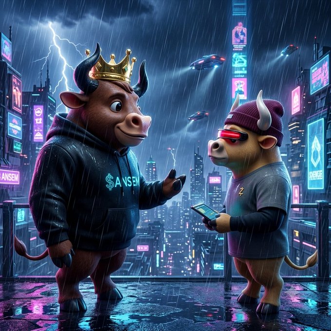 Two anthropomorphic bulls stand on a rain-soaked rooftop overlooking a neon-lit cyberpunk city—one wears a gold crown and a "$ANSEM" hoodie while gesturing toward the other, who sports a beanie, red visor, and "$2" shirt and holds a phone. The image humorously illustrates the meme culture of sending small cryptocurrency tokens (like $ANSEM and $2) as gestures of help, with the crowned bull appearing to "send" a transaction to the cash-strapped bull.