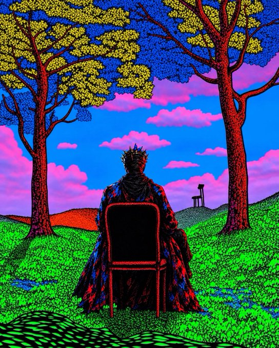 A vibrant illustration shows a crowned figure seated on a chair in a colorful landscape with red-trunked trees and pink clouds.