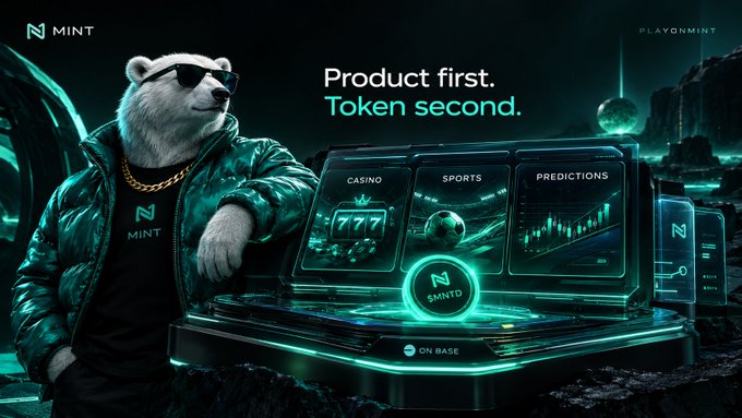 An advertisement for 'MINT' featuring an anthropomorphic bear in a green jacket and sunglasses, with the text 'Product first. Token second.' and showcasing Casino, Sports, and Predictions offerings on 'BASE'.